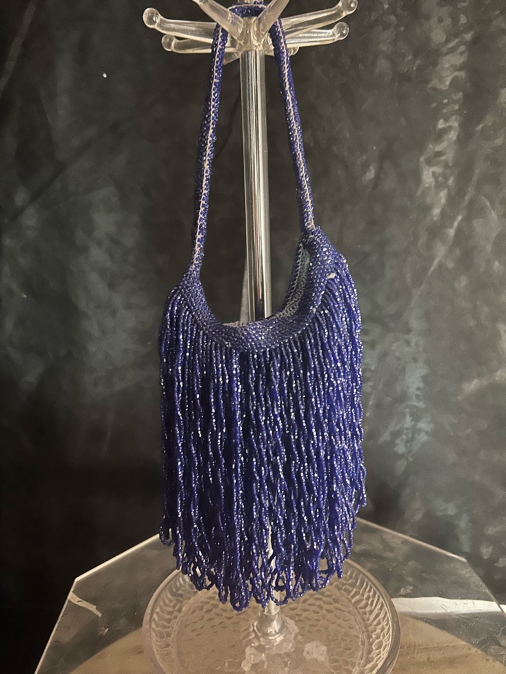 Beaded Fringe Shoulder Bag in Navy Blue